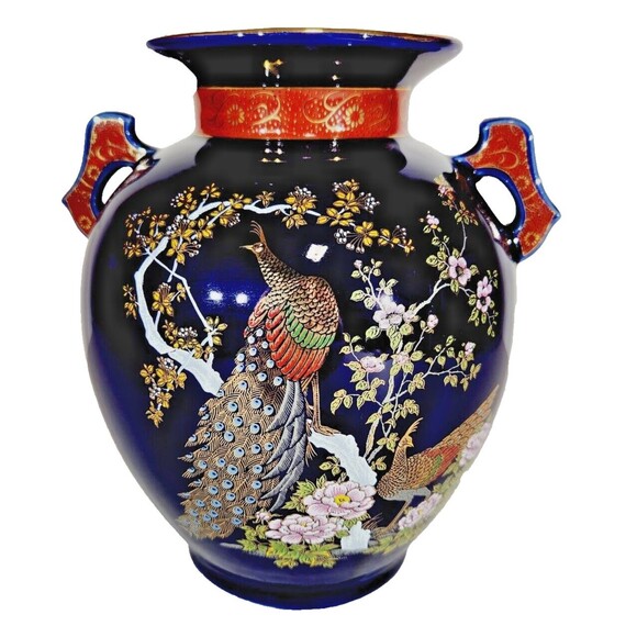 Vase Japanese Cobalt Blue 8.5" Handles Vintage Vtg Porcelain Peacock Bird Nature - Picture 1 of 14